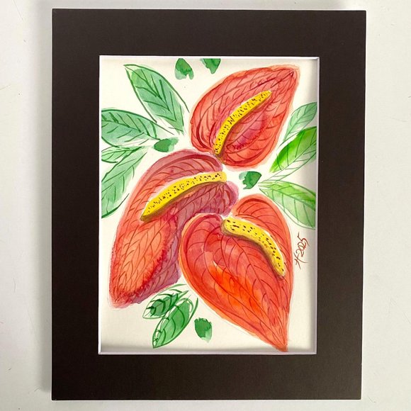 Valentine Anthurium Original Wall Art Watercolor Painting Matted 8x10in - Picture 5 of 8